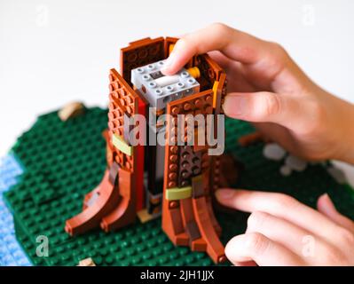 Tambov, Federazione Russa - 21 giugno 2022 Un bambino costruisce un insieme di Lego con un albero grande Foto Stock