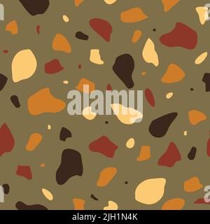 Pattern vettoriale senza giunture con texture terrazzo su sfondo marrone. Tappezzeria decorativa in terracotta. Mosaico griglia tessile moda. Illustrazione Vettoriale