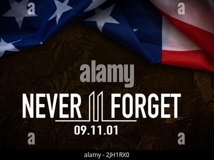Logo Patriot Day 9,11 con Twin Towers sulla bandiera americana. Banner USA Patriot Day. Settembre 11, 2001. Non dimenticheremo mai. World Trade Center.Vector Foto Stock