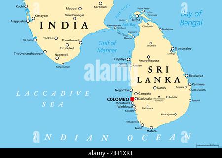 Sri Lanka e parte dell'India meridionale, mappa politica. Repubblica Socialista democratica dello Sri Lanka, ex Ceylon, paese insulare dell'Asia meridionale. Foto Stock