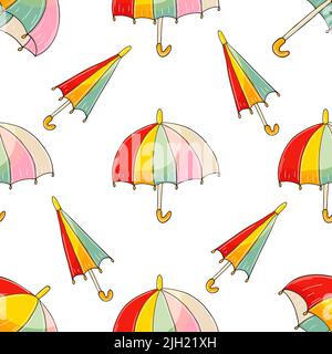 Brillante atmosfera autunnale. Modello senza cuciture con ombrelloni. Illustrazione in stile disegno a mano. Può essere utilizzato per tessuti Illustrazione Vettoriale