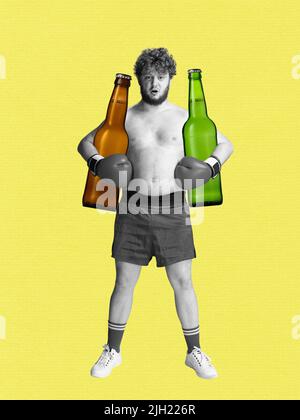 Uomo grasso che contiene due bottiglie di birra. Collage d'arte contemporanea. Concetto di festa, vacanze, festa, birra, bevande e snack, oktoberfest, pubblicità e vendite. Foto Stock