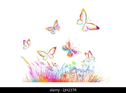 Silhouette colorate di erba, fiori e farfalle. Sfondo vettoriale floreale astratto Illustrazione Vettoriale