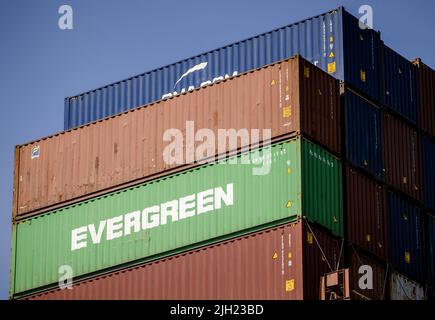 2022-07-14 11:54:50 ROTTERDAM - Una nave container in un terminal container su Maasvlakte 2 visto dal Piet Hein, ex barca da diporto della Regina Juliana. ANP SEM VAN DER WAL uscita paesi bassi - uscita belgio Foto Stock