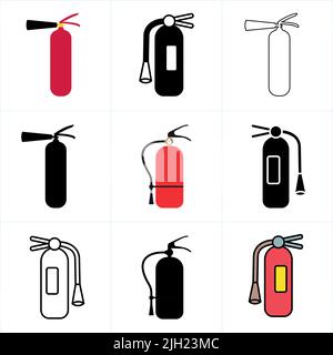 Icona estintore vettoriale o illustrazione del set di segni su sfondo bianco. Concetto di immagine dell'idea di sicurezza antincendio. Illustrazione Vettoriale