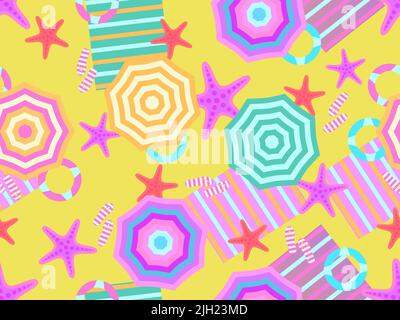 Vista dall'alto sulla spiaggia, motivo senza cuciture. Ombrelloni e asciugamano, infradito con stelle marine in stile piatto. Design per banner, stampa e materiale promozionale. V Illustrazione Vettoriale