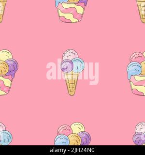 Gelato senza cuciture. Palle di gelato multicolore. Simpatico motivo estivo. Stampa per disegno di stoffa, tessuto, tessuto, carta da parati, avvolgimento Illustrazione Vettoriale