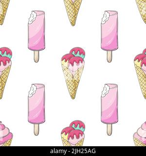 Gelato carino senza cuciture pattern. Vacanze estive con pop-sons, gelato Illustrazione Vettoriale