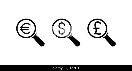 Icone di ricerca denaro. Set di icone valuta in sterline, euro, dollari. Design semplice. Vettore di linea. Isolare su sfondo bianco. Illustrazione Vettoriale