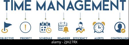 Concetto di illustrazione vettoriale di gestione del tempo del banner con parole chiave inglesi e icona di obiettivo, priorità, programma, promemoria, efficienza, avvisi Illustrazione Vettoriale
