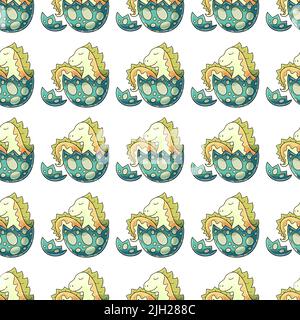 Simpatico e divertente modello di dinosauro. Sfondo vettoriale colorato. Dinosauro in un uovo. Stampa per la progettazione Illustrazione Vettoriale