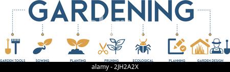 Icone di giardinaggio insieme e elementi di disegno illustrazione vettoriale con l'icona di attrezzi di giardino, semina, piantando, potando, ecologico, pianificazione e giardino Illustrazione Vettoriale