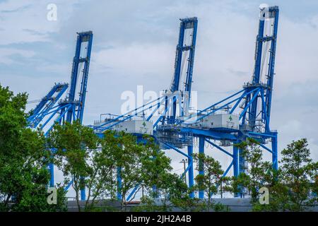 NEW ORLEANS, LA, Stati Uniti d'America - 10 LUGLIO 2022: Nave a terra container gru al porto di New Orleans sul fiume Mississippi Foto Stock