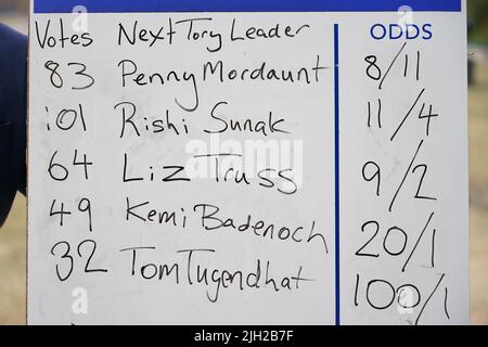 Una società di bookmaking offre quote sul prossimo leader del Partito conservatore e primo Ministro del College Green, Westminster, Londra. Suella Braverman è stata eliminata dalla gara di leadership di Tory dopo aver finito ultimo nel secondo turno di votazioni. Data foto: Giovedì 14 luglio 2022. Foto Stock