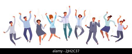 Il successo del lavoro di squadra. Happy jumping business persone in ufficio vestiti in stile cartoon piatto. Vettore concetto aziendale Illustrazione Vettoriale