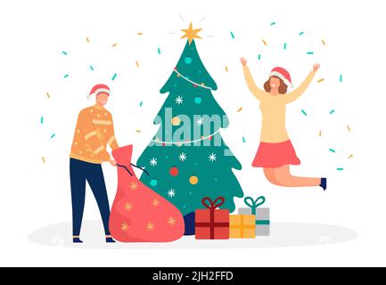 La gente di Natale che celebra il natale vicino albero decorato. Personaggi femminili e maschili che saltano e aprono regali Illustrazione Vettoriale