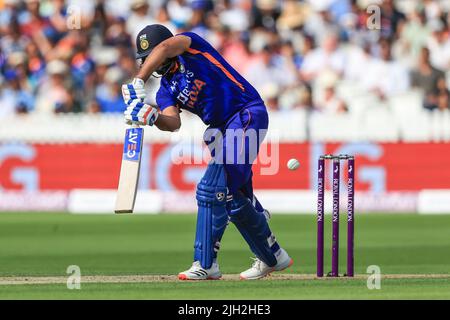 Londra, Regno Unito. 14th luglio 2022. Rohit Sharma of India è uscito LBW fuori dal bowling di Reece Topley of England in, il 7/14/2022. Credit: Sipa USA/Alamy Live News Foto Stock