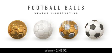 Set di 3D palline da calcio realistiche. Palline da calcio di colore nero dorato e bianco. Illustrazione vettoriale. Illustrazione Vettoriale