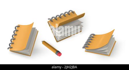 Carino cartoon notepad e matita. Realistiche 3D oggetti scuola. Illustrazione vettoriale. Illustrazione Vettoriale