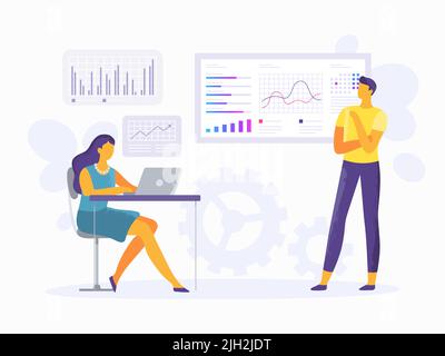 Previsioni di mercato. Dipendenti che analizzano i dati, donna seduta alla scrivania con notebook, uomo che guarda un grafico con tendenze Illustrazione Vettoriale