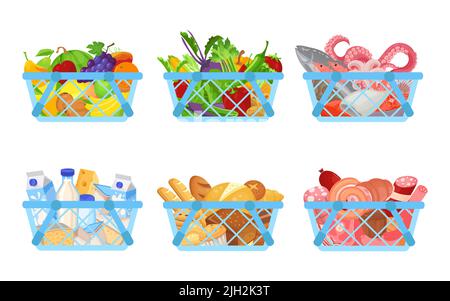 Set di cestini per lo shopping pieni di prodotti come frutta, verdura, frutti di mare, diario e prodotti da forno, carne Illustrazione Vettoriale