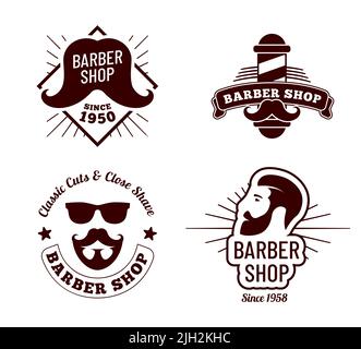 Badge vintage per barbiere. Salone per Signore taglio di capelli vecchio segno. Viso maschile con baffi hipster o logotipo della barba Illustrazione Vettoriale