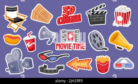 Elementi cinematografici. Produzione di film cartoni animati e cinema teatro 3D adesivi di popcorn clapper biglietti telecamera film bobina. Icone delle immagini in movimento vettoriale Illustrazione Vettoriale