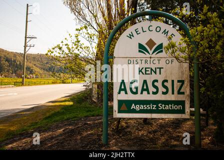 Benvenuto a Agassiz segno in Agassiz, British Columbia, Canada Foto Stock