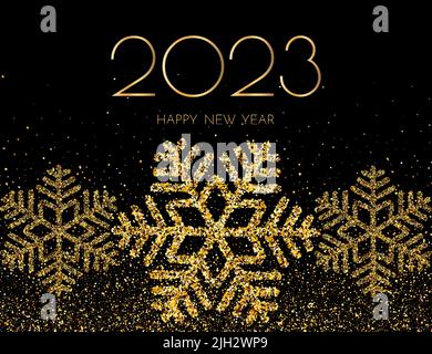 Biglietto di auguri per l'anno nuovo 2023. 2023 segno dorato di Capodanno e fiocchi di neve dorati su sfondo scuro. Illustrazione vettoriale di felice anno nuovo 2023. Illustrazione Vettoriale