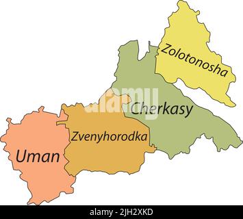 Mappa con tag pastello di raioni dell'OBLAST DI CHERKASY, UCRAINA Illustrazione Vettoriale