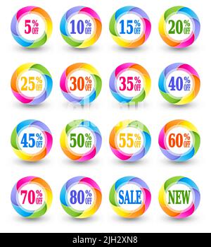 Icone di percentuale di sconto di vendita, segni vettoriali di offerta speciale Illustrazione Vettoriale