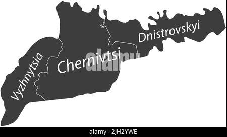 Grigio scuro tagged mappa di raioni dell'OBLAST DI CHERNIVTSI, UCRAINA Illustrazione Vettoriale