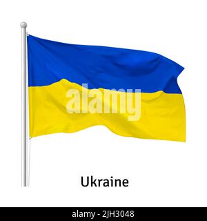 Bandiera dell'Ucraina nel vento su flagpole, isolato su sfondo bianco, vettore Illustrazione Vettoriale