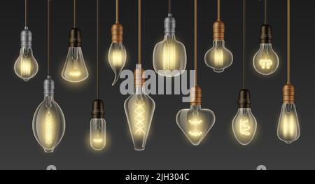 Lampade a incandescenza. Lampadina Vintage glowing 3D realistic, lampadario a filamento per soffitto retrò loft, arredamento moderno. Set isolato vettoriale Illustrazione Vettoriale