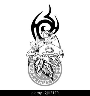 disegno tatuaggio con cranio gatto, fiori di giglio, piume e casco scandinavo horror simbolo, design Foto Stock