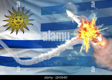 L'Uruguay intercettato missile supersonico, moderno antirocket distrugge il concetto di missile nemico, industriale militare 3D illustrazione con bandiera Foto Stock