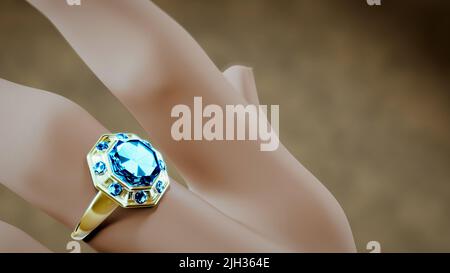 Anello goldish sul dito con gemma topazio blu, immaginario - oggetto 3D rendering Foto Stock