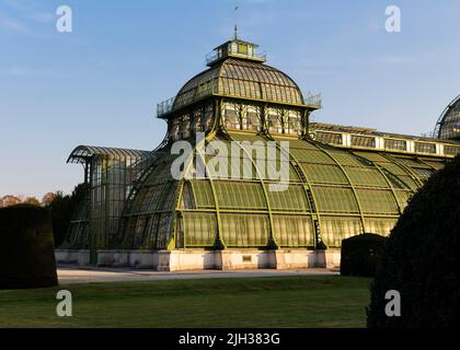 Vienna, Austria - 10 ottobre 2018: Palmenhaus (Palmenhaus) in costruzione presso i giardini del Palazzo Schonbrunn a Vienna, Austria Foto Stock