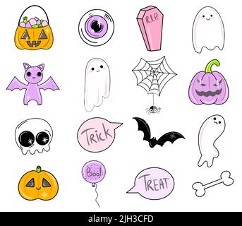 Carino set vettoriale con illustrazioni di Halloween. Personaggi animati sorridenti e divertenti: Zucca, fantasma, gatto, pipistrello. Adesivi, icone, elementi di design Illustrazione Vettoriale