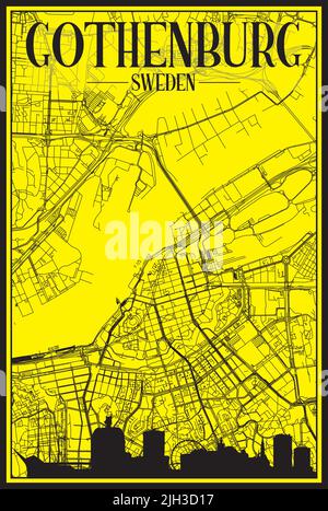 Stampa dorata poster della città con skyline panoramico e rete di strade disegnate a mano su sfondo giallo e nero del centro DI GOTEBORG (GOTEBORG) Illustrazione Vettoriale