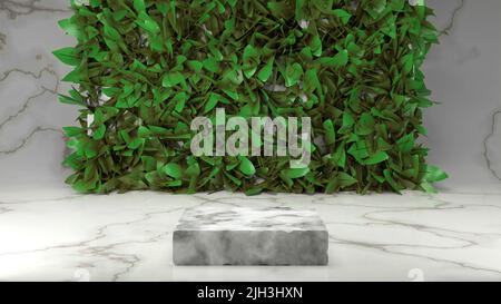 piedistallo da podio in marmo vuoto per la pubblicità di prodotti di bellezza con sfondo verde foglie. 3D modello di rappresentazione di illustrazione Foto Stock