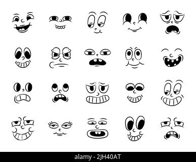 Collezione di vecchi cartoni animati tradizionali retrò. Vintage volti di persone con diverse emozioni del 20s 30s. Espressioni di carattere emoji 50s Illustrazione Vettoriale