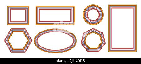 set di cornici arcobaleno in stile hippie 1970s. motivi retro vintage 70s groove. collezione di cornici rotonde, stelle, rombo e quadrati. vettore Illustrazione Vettoriale