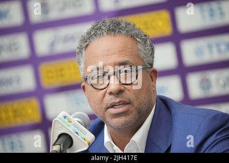 Eugene, Stati Uniti. 14th luglio 2022. Max Siegel, presidente della National Association of Athletics Federations (USATF), parla a una conferenza stampa presso lo stadio Hayward Field, dove si tengono i campionati mondiali di atletica leggera e di atletica leggera. Credit: Michael Kappeler/dpa/Alamy Live News Foto Stock