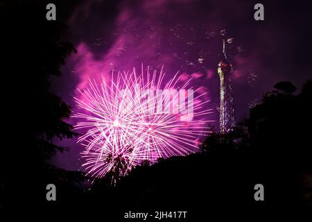 Parigi, Francia. 14th luglio 2022. Fuochi d'artificio sopra la Torre Eiffel (Tour Eiffel) per la Giornata Nazionale Francese (giorno della Bastiglia) a Parigi, Francia il 14 luglio 2022. Credit: Victor Joly/Alamy Live News Foto Stock