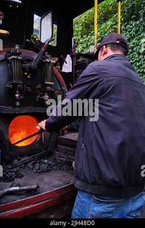 DARJEELING, INDIA - 22 GIUGNO 2022, primo piano dettaglio del treno giocattolo del motore a vapore di Darjeeling Himalayan ferrovia alla stazione, Darjeeling Himalayan ferrovia Foto Stock