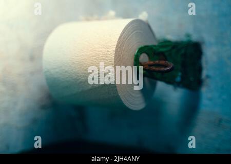 Supporto carta igienica con carta igienica a velo singolo di bassa qualità da vicino. Disordinato stanza da bagno rurale spaventoso Foto Stock