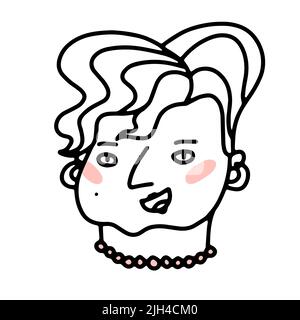 Doodle donna anziana con capelli acconciati, bijouterie. Faccia umana disegnata a mano isolata su sfondo bianco. Fumetto Funny nonna. Ritratto femminile. Rosa ch Illustrazione Vettoriale