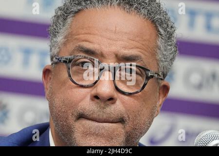 Eugene, Stati Uniti. 15th luglio 2022. Max Siegel Presidente della National Association of Athletics Federations USATF parla a una conferenza stampa allo stadio Hayward Field dove si tengono i Campionati mondiali di atletica. Credit: Michael Kappeler/dpa/Alamy Live News Foto Stock