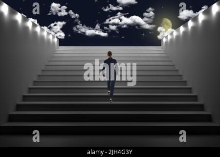 3d illustrazione. Architettura. Scala donna di notte illuminata che sale sullo sfondo della città illuminata. Foto Stock
